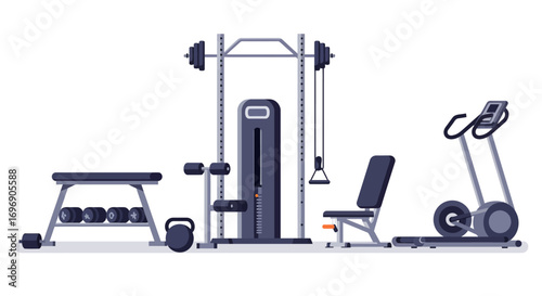 Modern home gym equipment in flat design with various workout machines