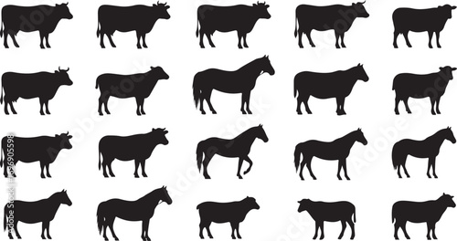 Collection of silhouettes of farm animals including cows and horses