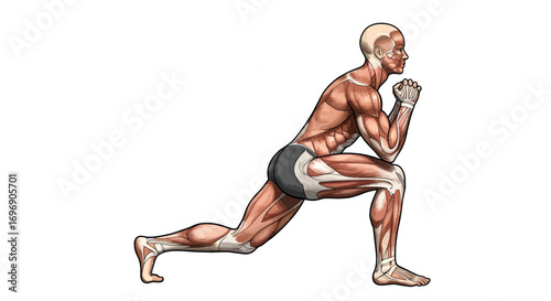 Human anatomy workout: detailed muscle structure in lunge pose