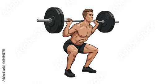 Strong man squatting with barbell in dynamic pose for fitness motivation
