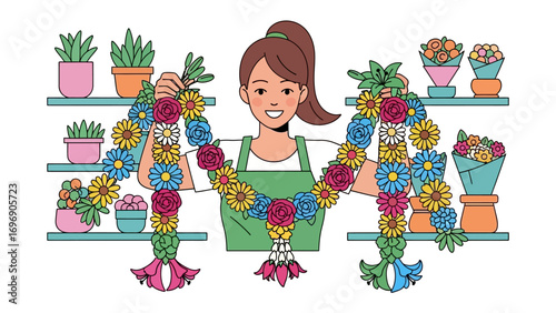 Floral Garland Artist: A skilled florist arranges a colorful garland in a vibrant flower shop, surrounded by fresh blooms, creating a beautiful symbol of celebration and joy.
