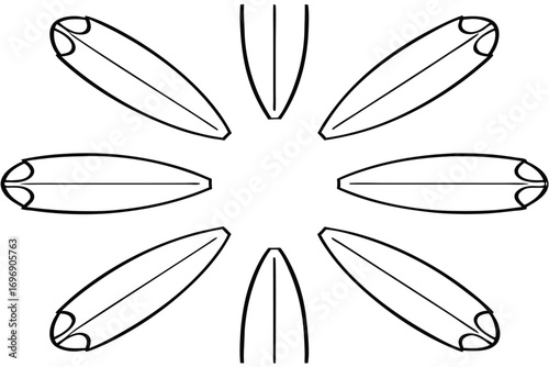 Surfboards arranged in a circular pattern water sports