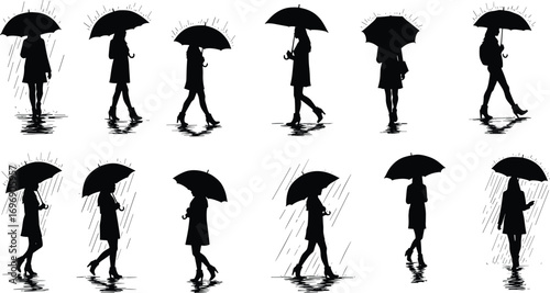 Silhouette of woman walking with umbrella in rain, fashion female figures, rainy weather clipart for print, design, and SVG projects.