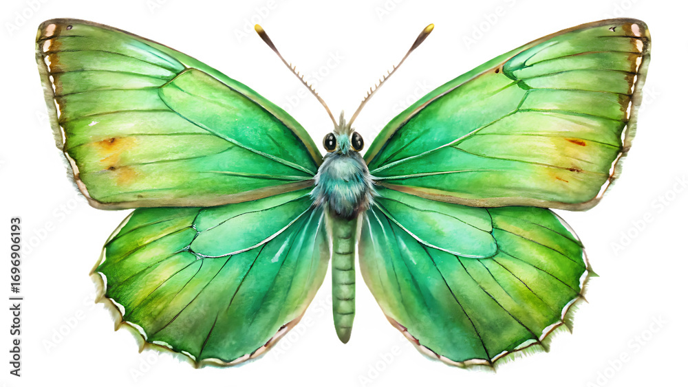 Fototapeta premium Watercolor butterfly isolated on transparent background with green and yellow wings