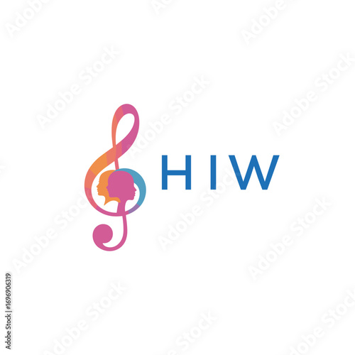 HIW “Colorful music logo with human faces and treble clef design” HIW Later Logo, “Creative music academy logo with silhouette heads and notes” 
