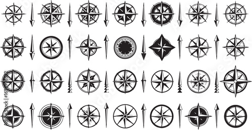 Collection of vintage compass rose designs and nautical navigation symbols