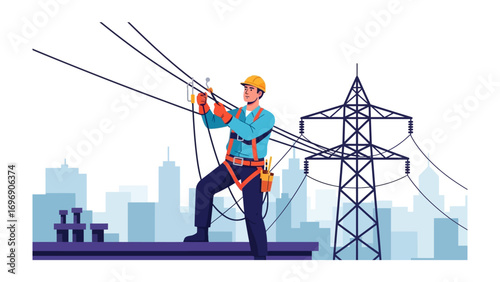 Power Line Worker: A skilled lineman, expertly adjusting power lines against a cityscape background, embodies the dedication to keep electricity flowing.
