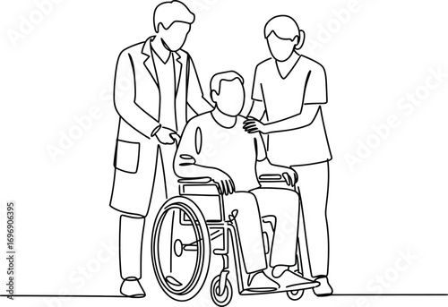 Healthcare professionals assisting patient in wheelchair care support assistance medical team