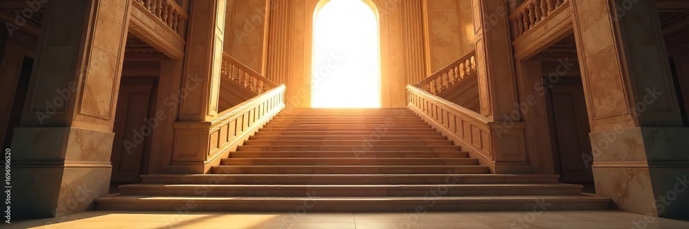 Fototapeta premium Dramatic Hollywood-style staircase ascending towards a bright, unseen space Perfect for luxury, elegance, and success themes Grand architectural detail is showcased , house, stairs