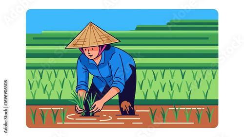 Farming Tradition: A farmer with a traditional hat, diligently working in the rice paddy.