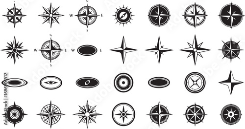 Collection of vintage compass rose illustrations and nautical symbols
