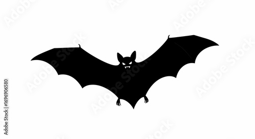 Halloween black bat silhouette with spread wings on white background
