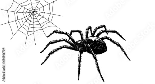 Intricate black spider and web drawing in detailed ink sketch style