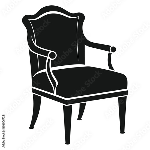 Black silhouette of an armchair with armrests, upholstered seat, and wooden legs