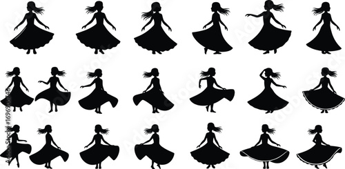 Silhouettes of dancing women in flowing skirts, graceful movement, elegant poses, vector illustration, artistic design, fashion, dance, female figures, clipart collection.