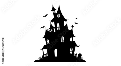 Spooky haunted house silhouette with flying bats for halloween themes