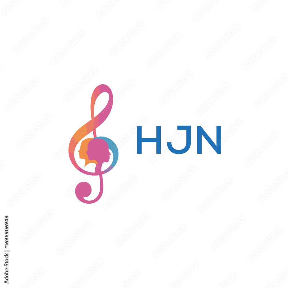Naklejka premium HJN “Colorful music logo with human faces and treble clef design” HJN Later Logo, “Creative music academy logo with silhouette heads and notes” 