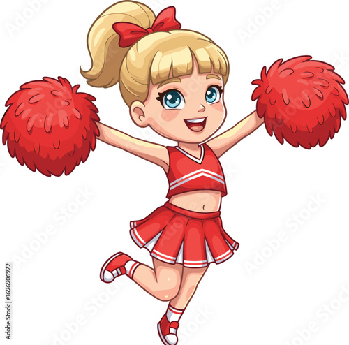 PrintCartoon blonde cheerleader girl in red uniform holding pom poms, energetic pose, white background, sports spirit, vector illustration design