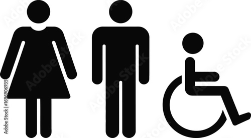 Accessible restroom signage showing female male and wheelchair user symbols for public facilities