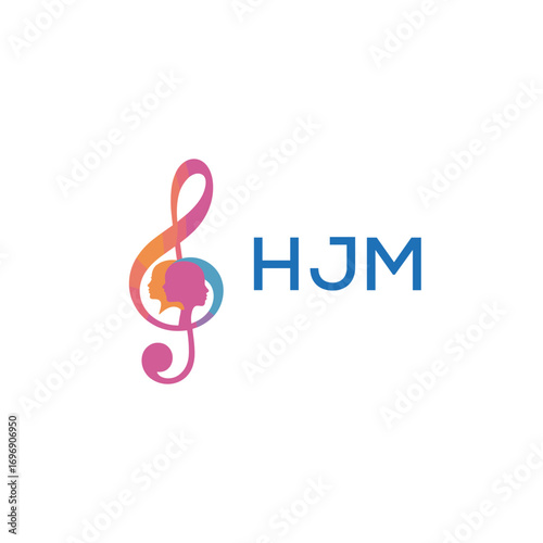 HJM “Colorful music logo with human faces and treble clef design” HJM Later Logo, “Creative music academy logo with silhouette heads and notes” 
