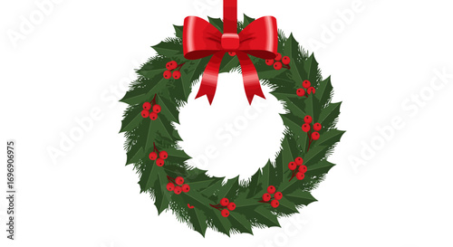 Festive christmas wreath with red bow and holly berries on white background