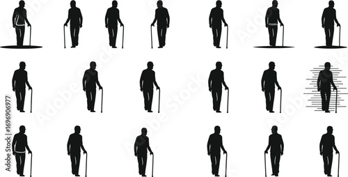Silhouettes of elderly men walking with canes, senior citizens, elderly mobility, aged people, senior health, walking aid, disability support, active seniors, elderly lifestyle, health care