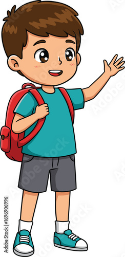 PrintCartoon schoolboy with backpack waving hand, wearing teal shirt and shorts, isolated vector illustration of happy student character for education design.