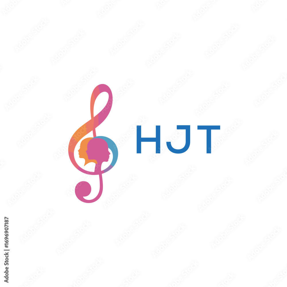 Naklejka premium HJT “Colorful music logo with human faces and treble clef design” HJT Later Logo, “Creative music academy logo with silhouette heads and notes” 