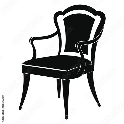 Elegant Black Armchair Silhouette, Classic Design Furniture with Curved Details and Slender Legs