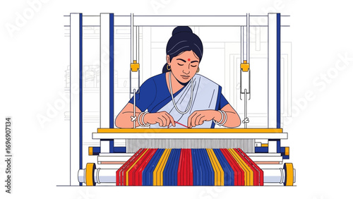 Crafting Threads of Tradition: An illustrated image capturing a dedicated artisan diligently weaves intricate patterns on a traditional loom.