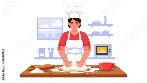 The Art of Baking: Capturing the essence of culinary creation, this illustration showcases a skilled baker, diligently kneading dough in a well-lit kitchen, exuding warmth and the joy of creating.