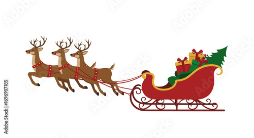 Festive reindeer pulling a decorated sleigh full of holiday gifts