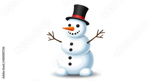 Cheerful snowman with top hat and carrot nose on white background