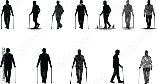 Silhouettes of elderly men walking with canes, senior citizens, elderly mobility, aged people, senior health, walking aid, disability support, active seniors