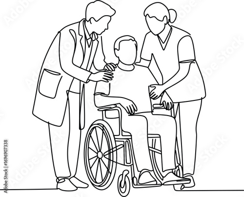 Two medical professionals assist patient sitting in wheelchair caregiver support concept