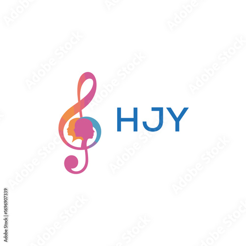 HJY “Colorful music logo with human faces and treble clef design” HJY Later Logo, “Creative music academy logo with silhouette heads and notes” 

