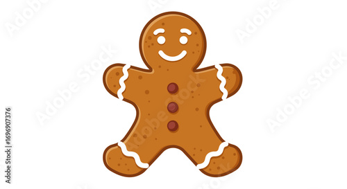 Smiling gingerbread cookie with white icing and buttons on isolated white background