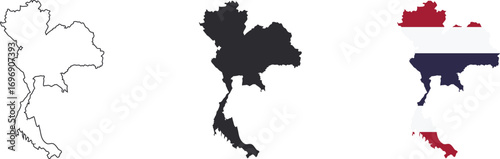 Thailand map vector with outline, silhouette, and national flag design. Editable country shape for travel, education, and cultural projects. High resolution isolated illustration.