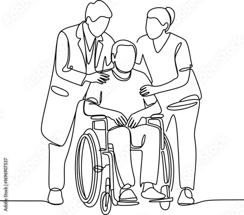 Caring doctor and nurse assist elderly person sitting in wheelchair sketch