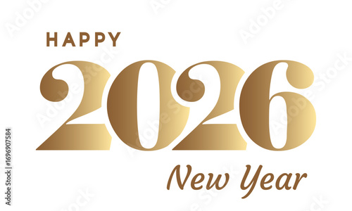 Elegant golden 2026 Happy New Year typography design with modern luxury gradient numbers, festive holiday greeting card template for celebration, party and seasonal event