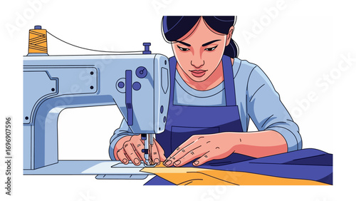 Crafting Attire: An expert tailor meticulously works with a sewing machine, demonstrating skill and precision while creating beautiful garments.