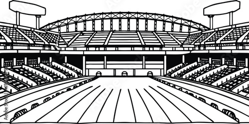 A stark black and white drawing depicts an empty baseball stadium