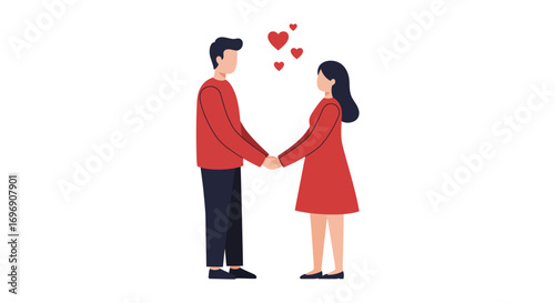 Romantic couple holding hands with hearts in minimalist style