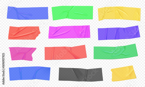 Set of adhesive tapes on transparent background. Torn masking tape with ragged edges. Vector illustration of scotch tape for labels and design elements.