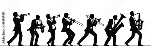 Silhouettes of Jazz Band Musicians Playing Instruments, Brass Ensemble in Performance, Trumpet, Trombone, Saxophone, Music Event, Artistic Concept