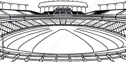 Black and white drawing of a large sports stadium interior