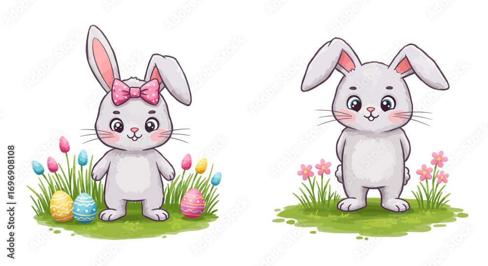 Obraz premium Cute easter bunny with bow and eggs on grass with flowers