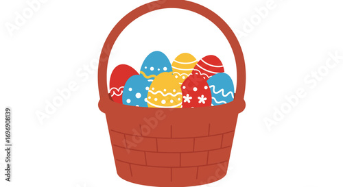 Colorful easter eggs in a basket with festive patterns and designs