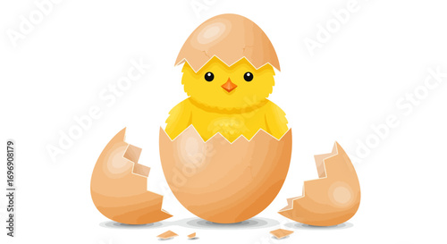 Cute chick emerging from eggshell with crack details on white background