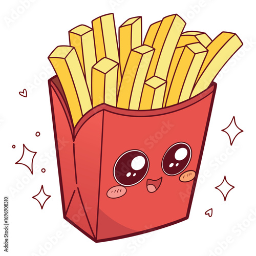 Adorable french fries cartoon character with sparkling eyes and a happy smile, perfect for kids' menus, food blogs, and delightful designs.